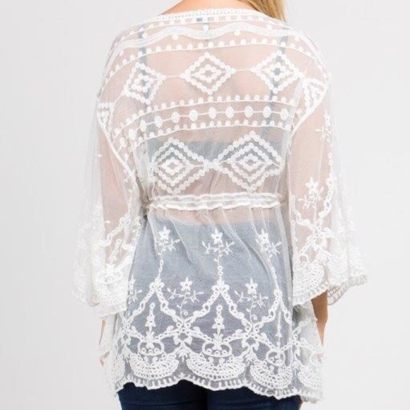 SOLD OUT CLEARANCE Scalloped Embroidered Sheer Lace Boho Coverup Top - Picture 4 of 5